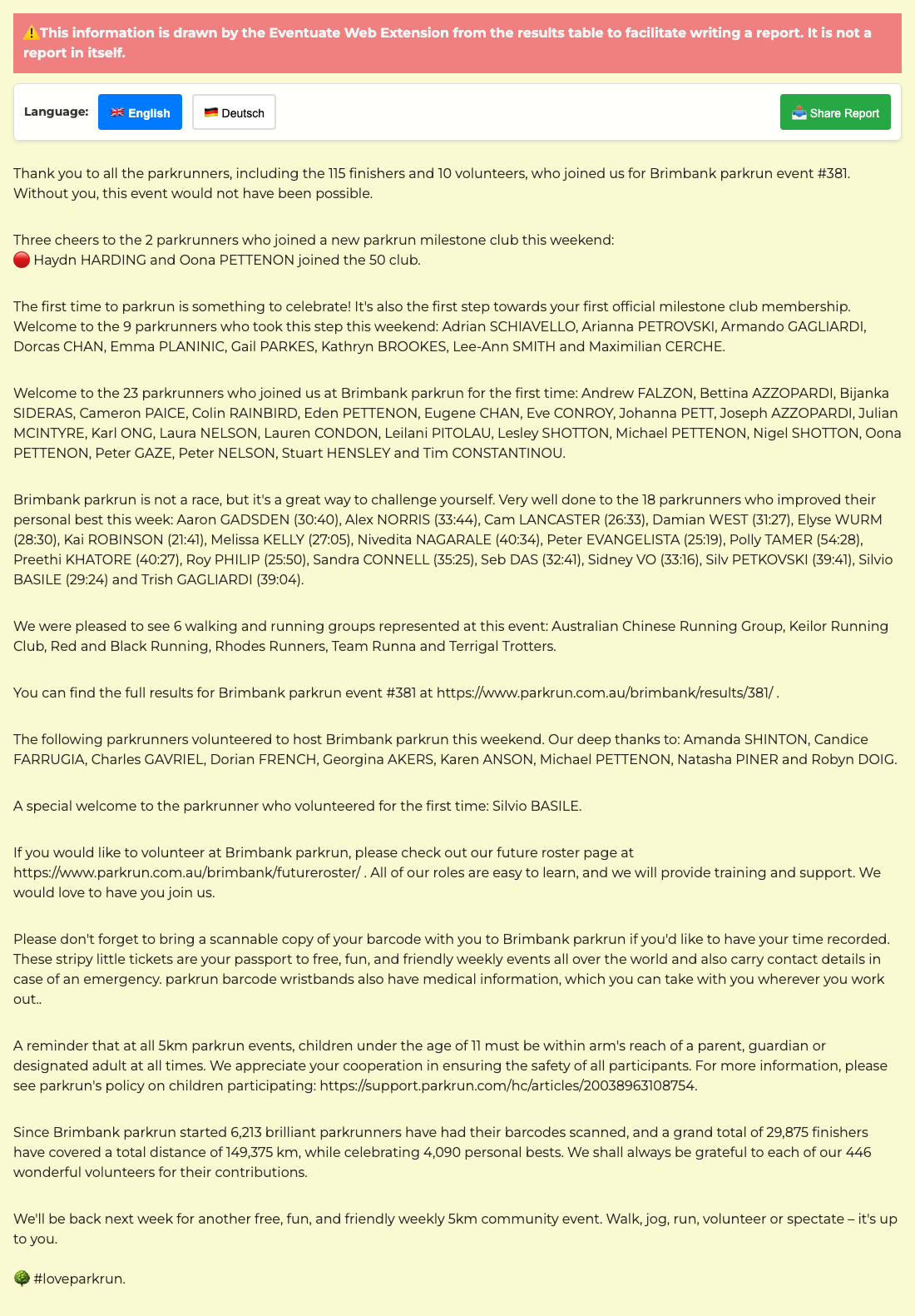 Eventuate extension output displaying an event summary with a yellow background. Shows participant statistics including finishers, volunteers, milestone achievers, first-timers,  personal bests, and various community statistics. Contains red notification banner indicating this is extracted data for report writing assistance.