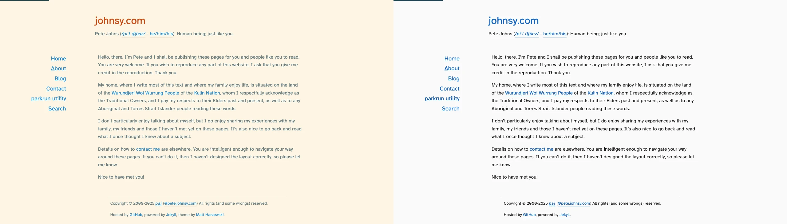 Side-by-side comparison of the About page in light mode: left is origin/main with the older Solarized-inspired palette; right is this branch with the new accessible palette, showing stronger contrast for body text, links, and metadata.