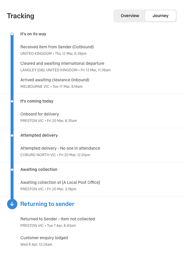 Australia Post tracking page showing the attempted delivery date as 20 March 2026