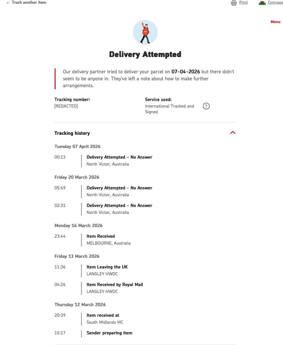 Royal Mail tracking page showing a claimed delivery attempt on 7 April 2026 with a card left notice